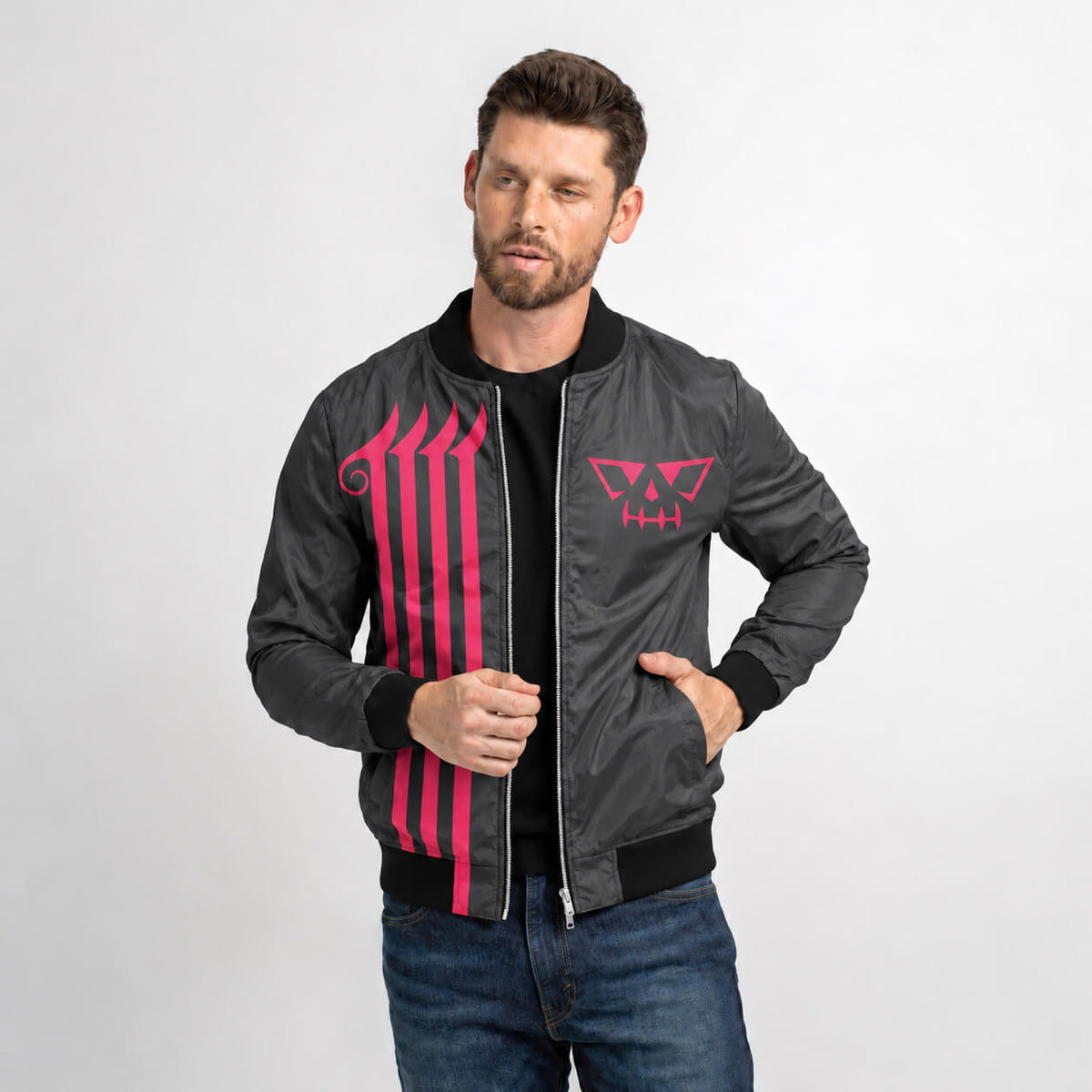 Model wearing Charlotte Katakuri bomber jacket with magenta graphics, dark gray fabric and black ribbed trim