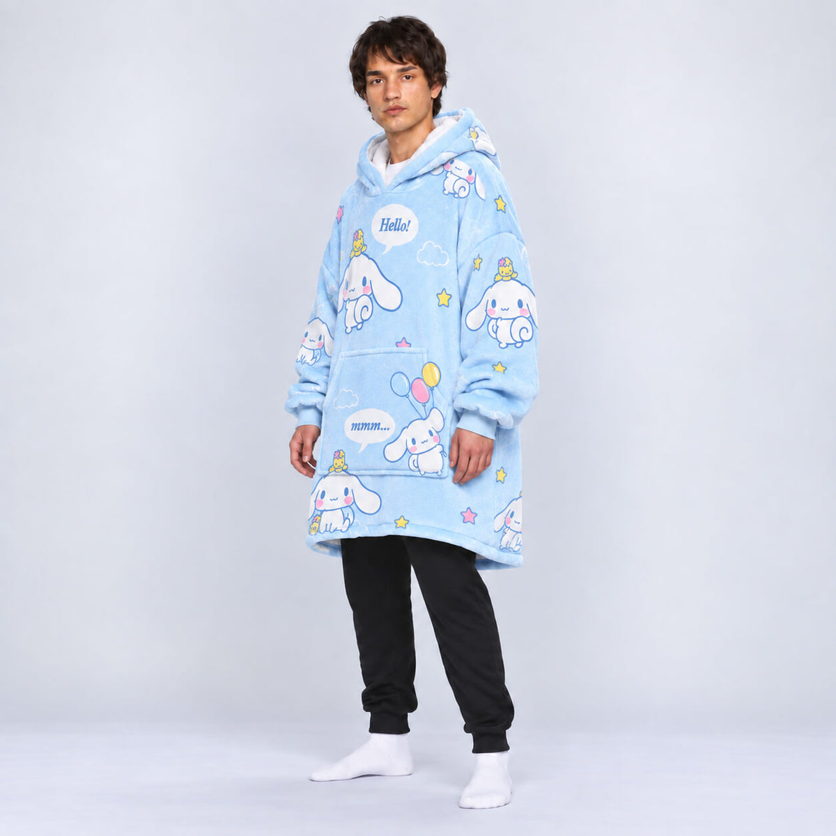 Side view of Sanrio Cinnamoroll blanket hoodie with cloud graphics