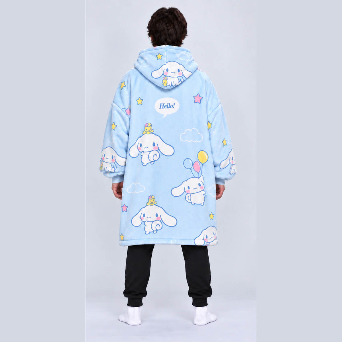 Back view of light blue Cinnamoroll blanket hoodie with pastel graphics