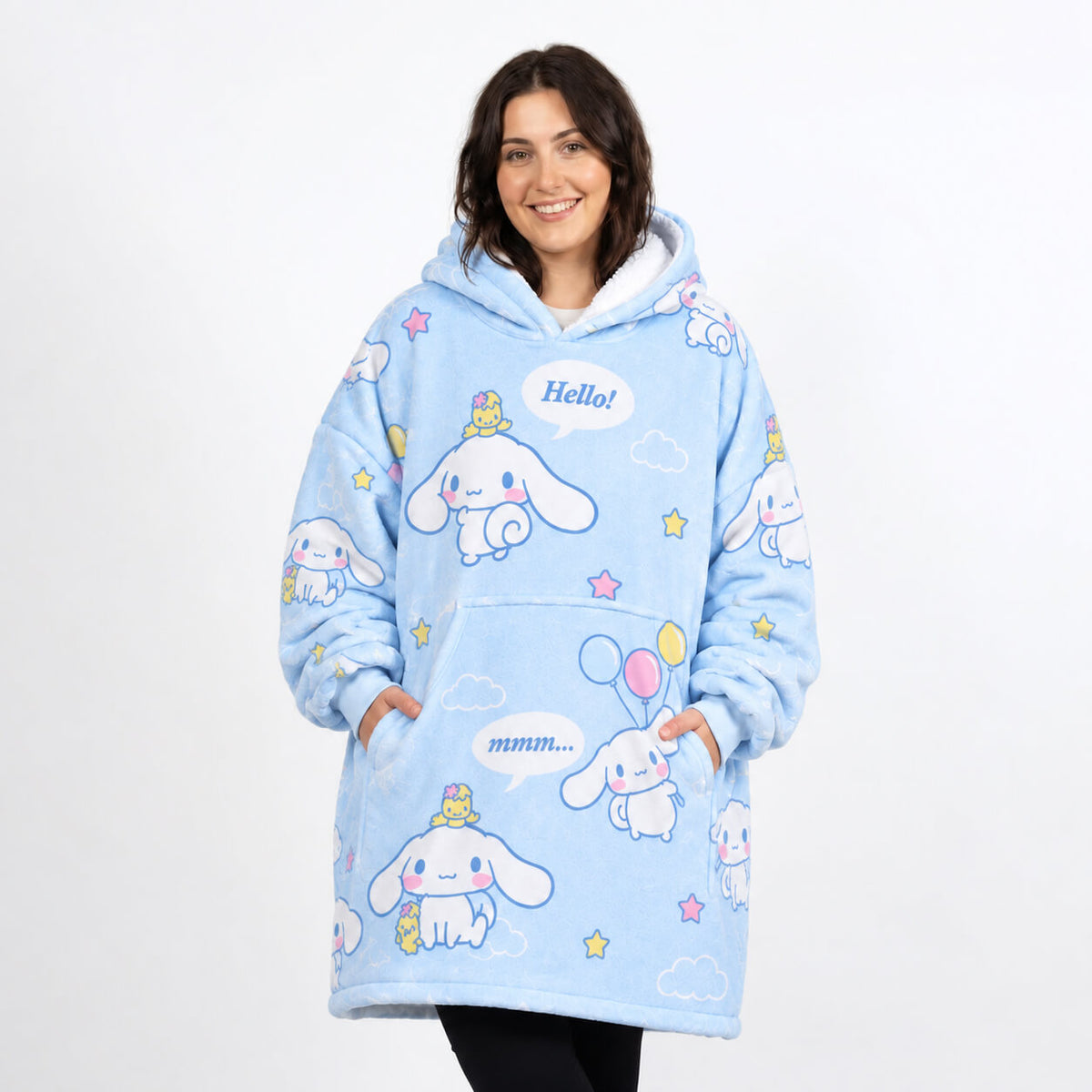 Front view of blue Cinnamoroll blanket hoodie with pastel character print