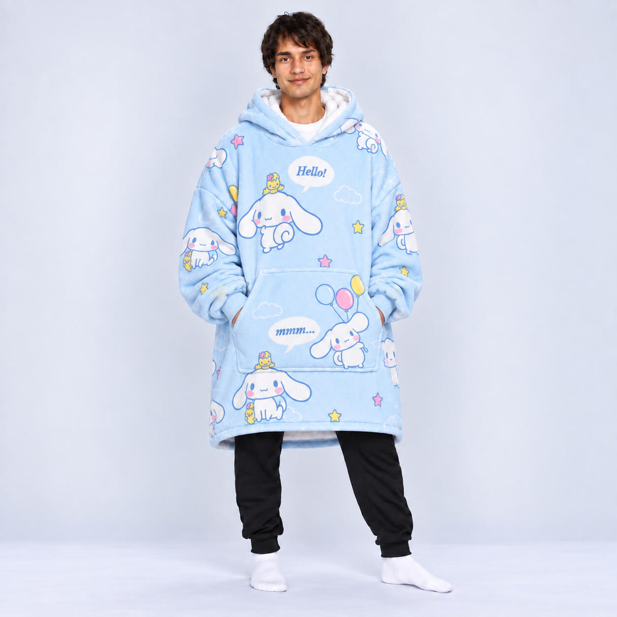 Front view of Cinnamoroll blue blanket hoodie with all-over character design