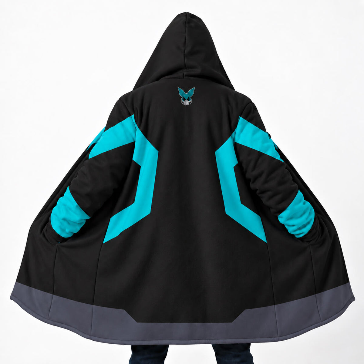 Deku black and teal My Hero Academia hooded cloak coat back view