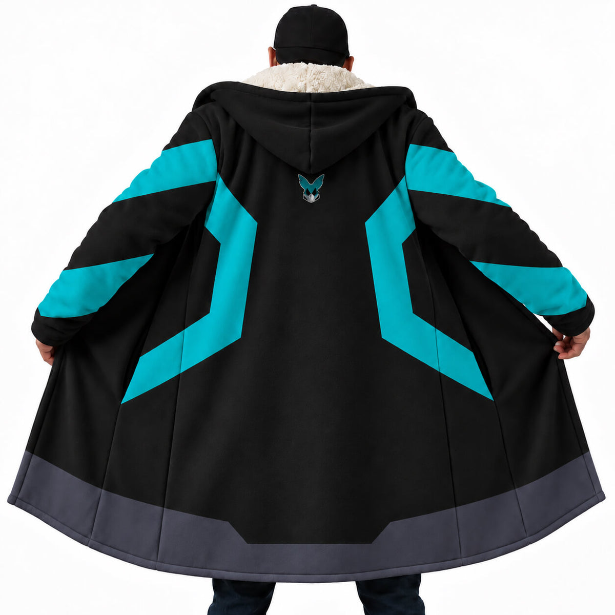 Deku black and teal My Hero Academia hooded cloak coat back view
