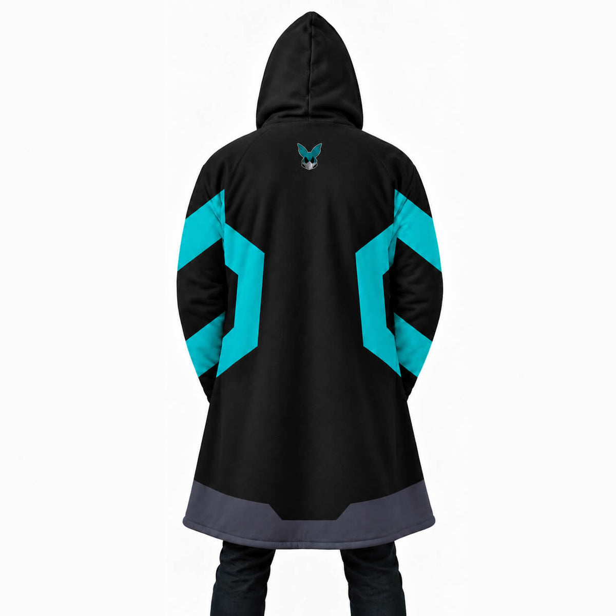 Deku black and teal My Hero Academia hooded cloak coat back view