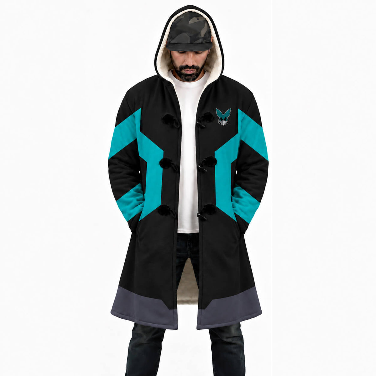 Front view of black Deku hooded cloak with teal graphic accents