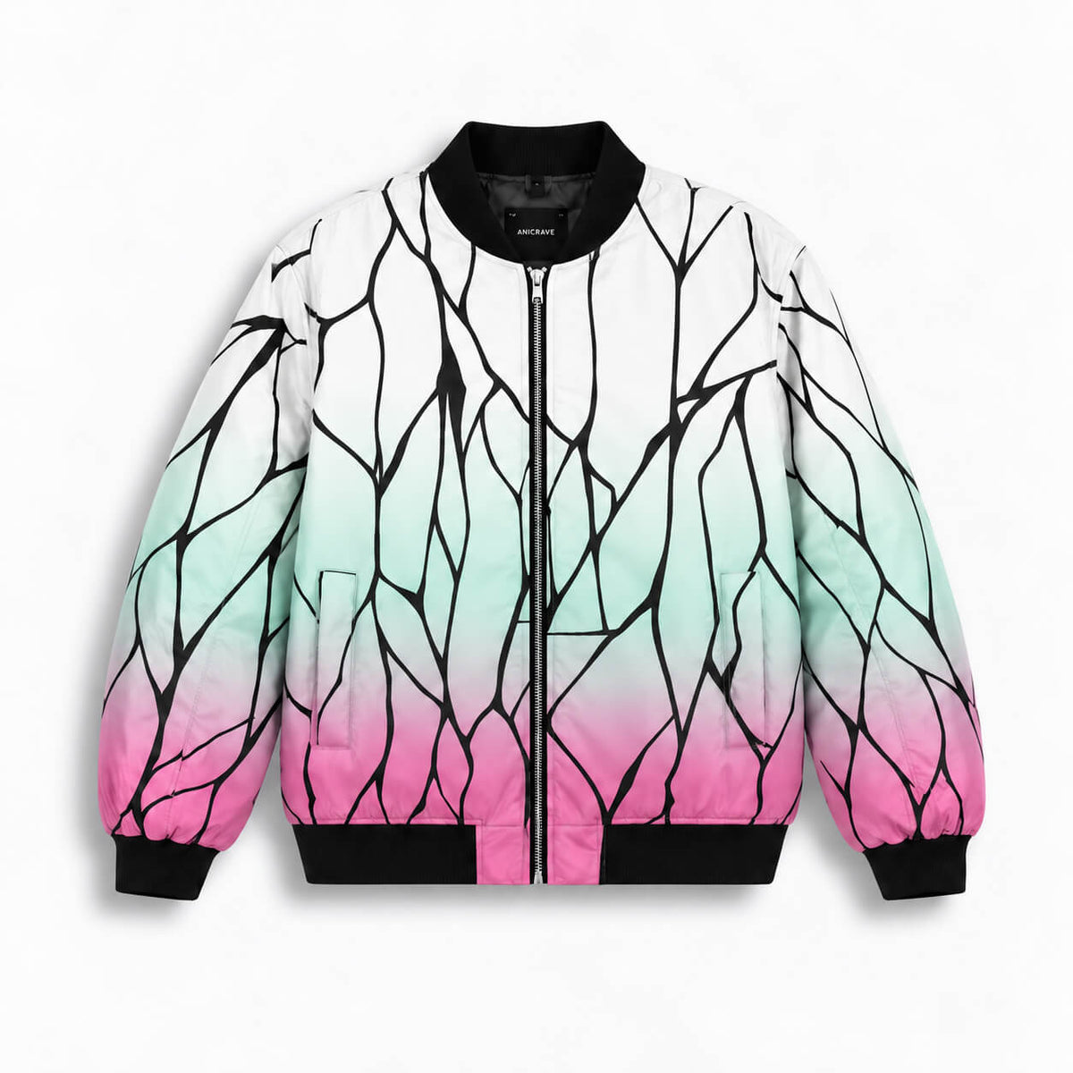 Front of Shinobu Kocho bomber jacket with black butterfly wing lines and pastel gradient