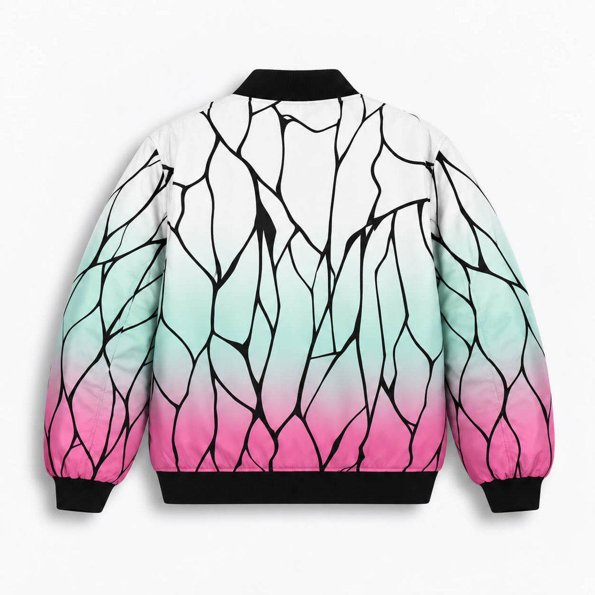 Back of Demon Slayer Shinobu bomber jacket with butterfly wing pattern and mint pink gradient