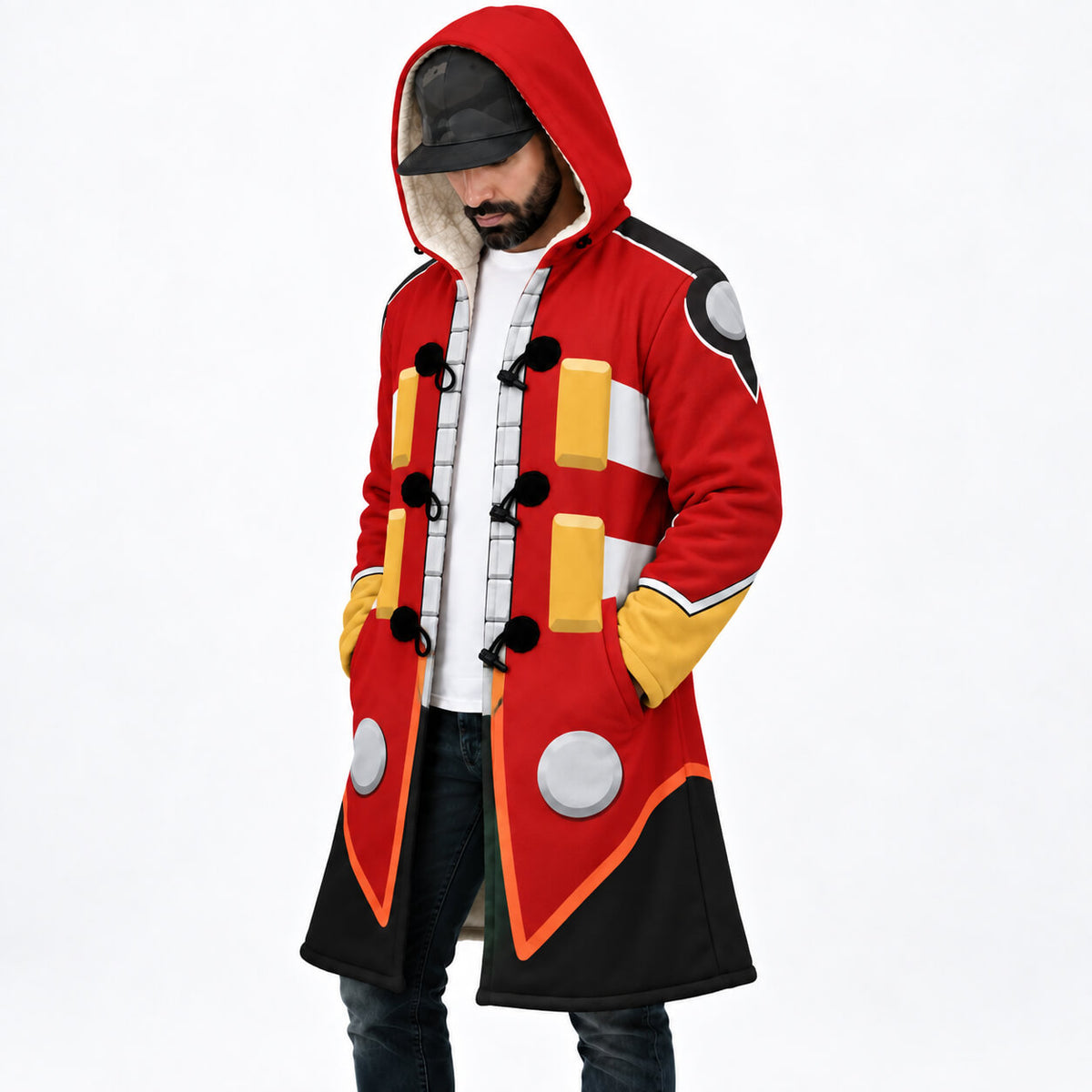 Side view of Dr. Eggman red and black Sonic cloak coat