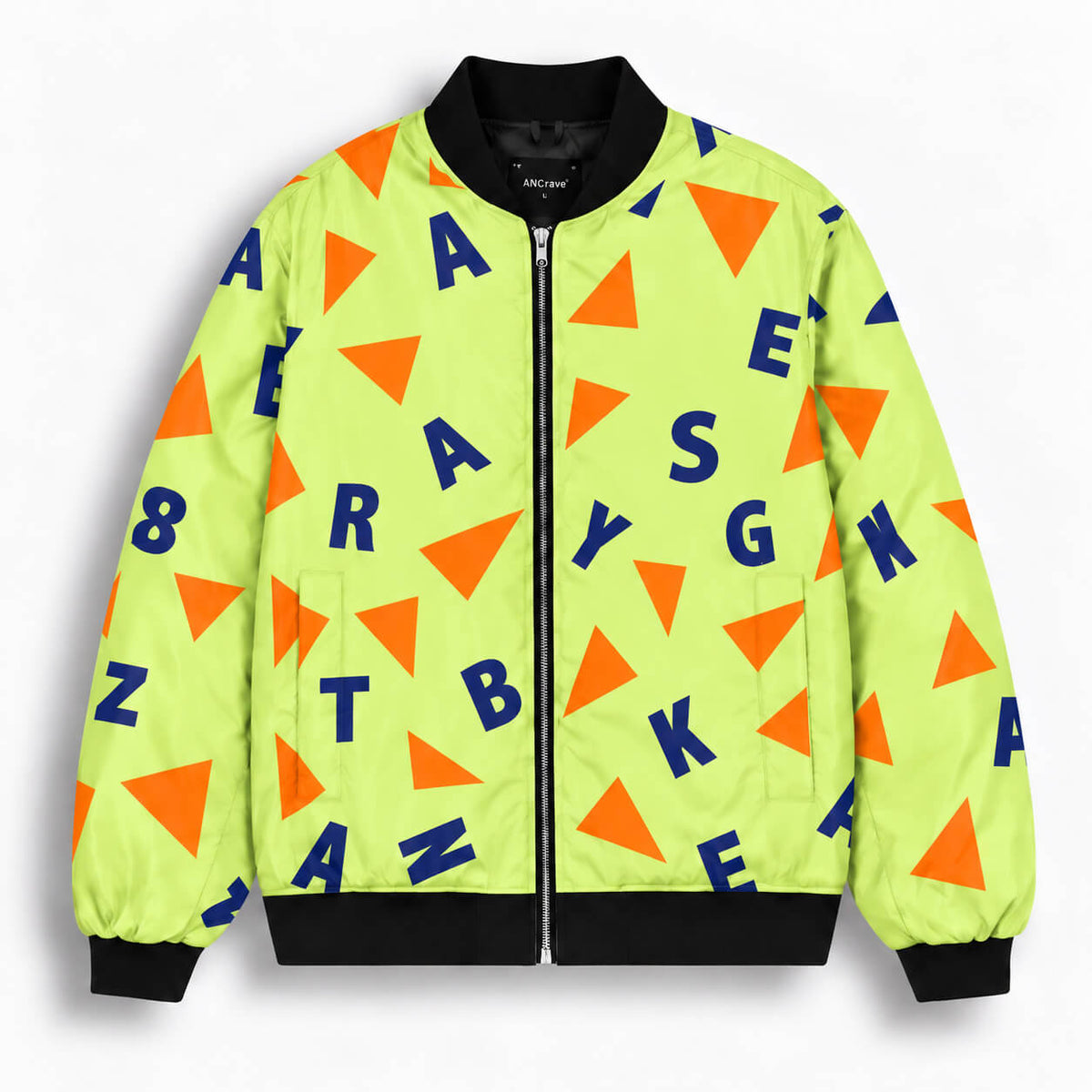 Master Roshi tropical bomber jacket with yellow base, colorful geometric shapes and scattered lettering