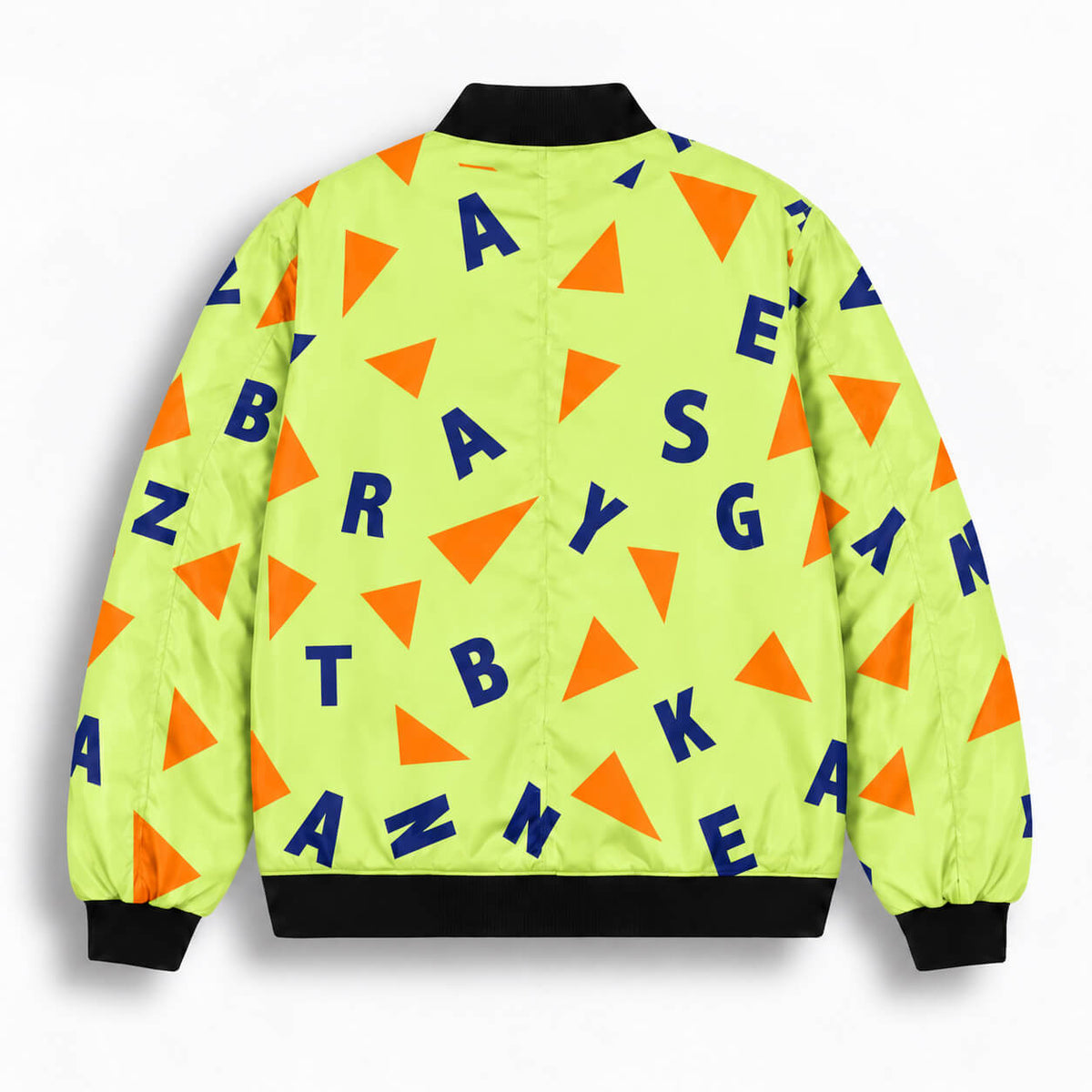 Back of Master Roshi Dragon Ball bomber jacket featuring bright yellow geometric tropical pattern