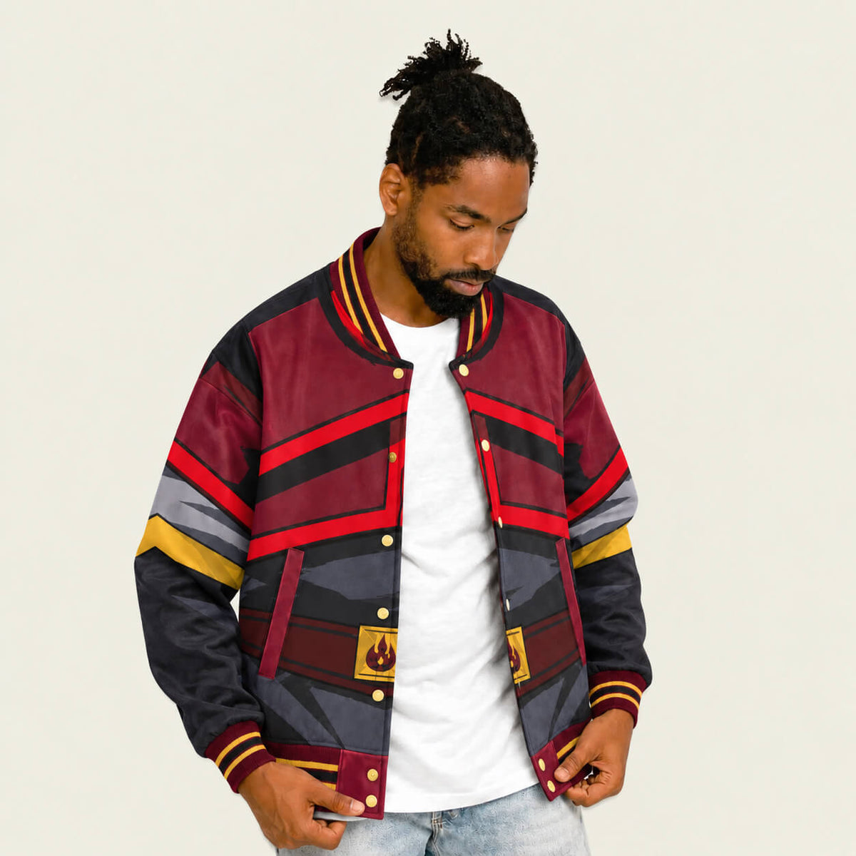 Model wearing Fire Nation uniform varsity jacket front view