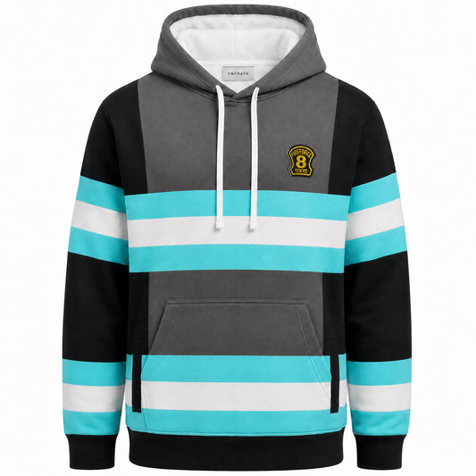 Black Fire Force Company 8 hoodie with teal white stripes and chest emblem