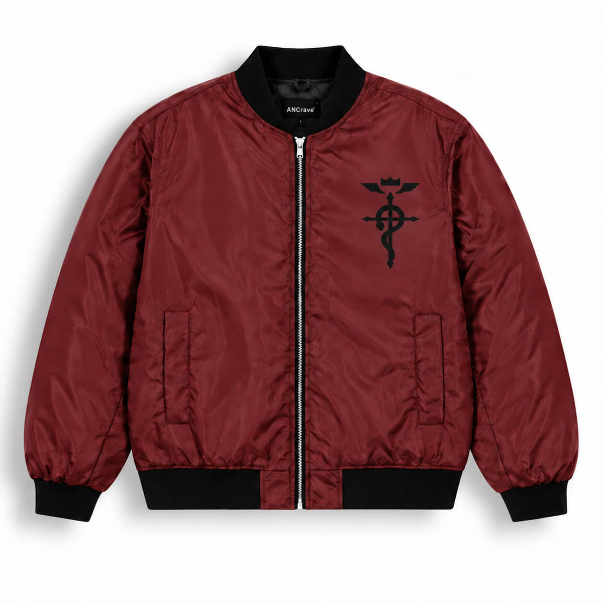 Fullmetal Alchemist burgundy bomber jacket with small black Flamel symbol on chest