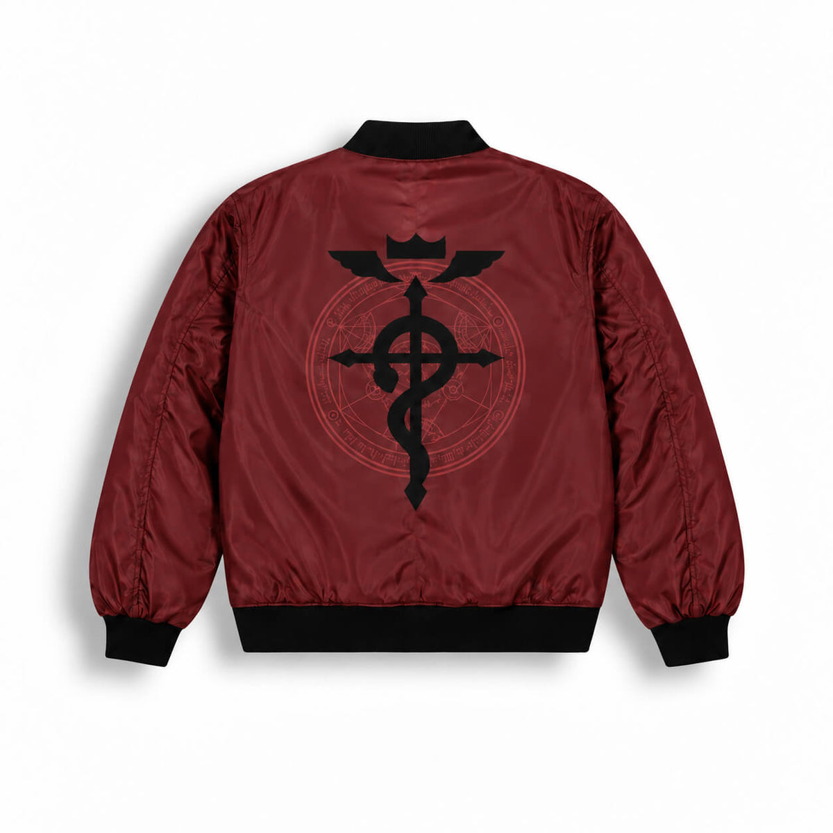 Back of burgundy Fullmetal Alchemist bomber jacket featuring large black Flamel emblem
