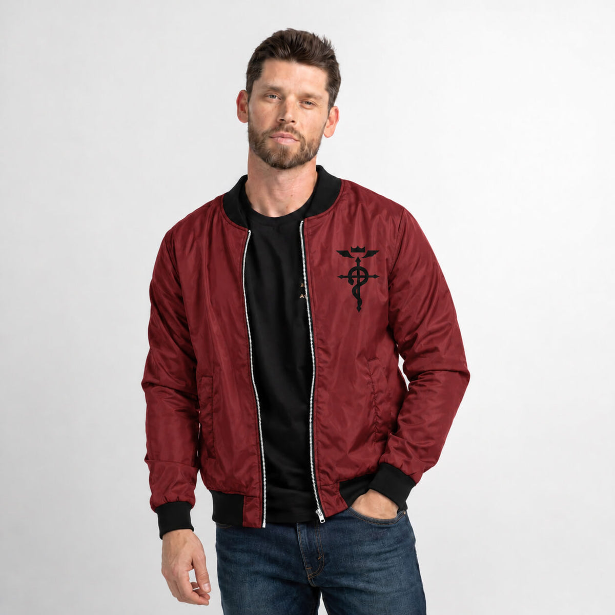 Model wearing Fullmetal Alchemist burgundy bomber jacket with black ribbed trim and chest emblem