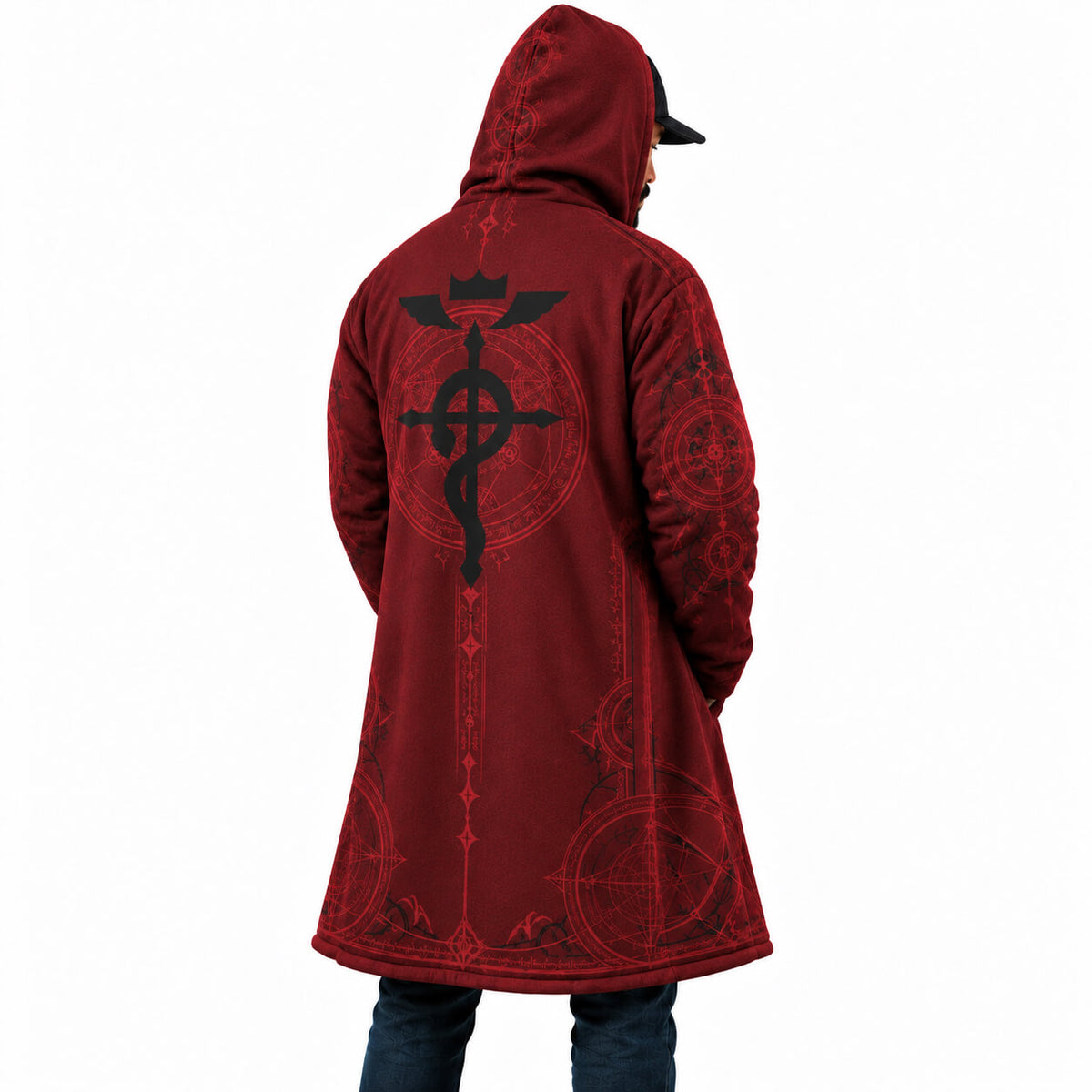 Side view of red Fullmetal Alchemist transmutation cloak coat