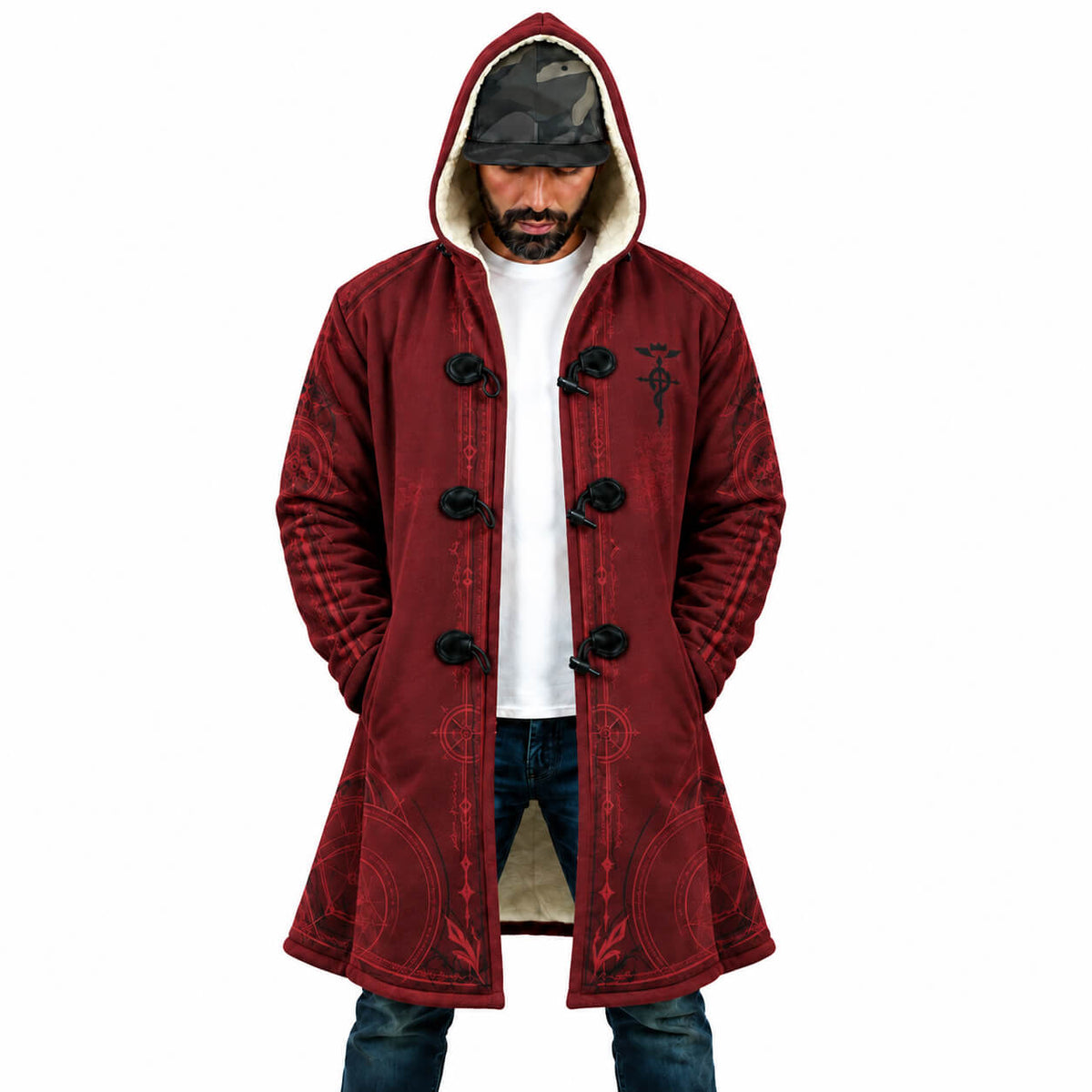 Front view of Fullmetal Alchemist red hooded cloak coat