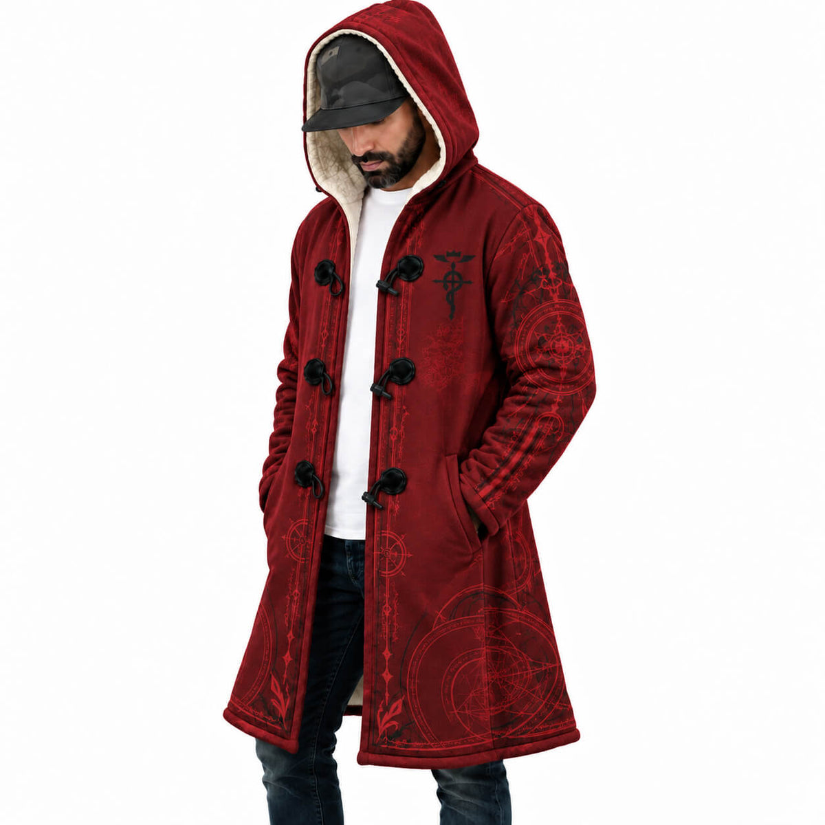 1. Front side view of Fullmetal Alchemist red hooded cloak coat