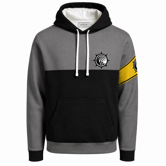 Gachiakuta Cleaners hoodie with gray black color blocking and yellow sleeve accent
