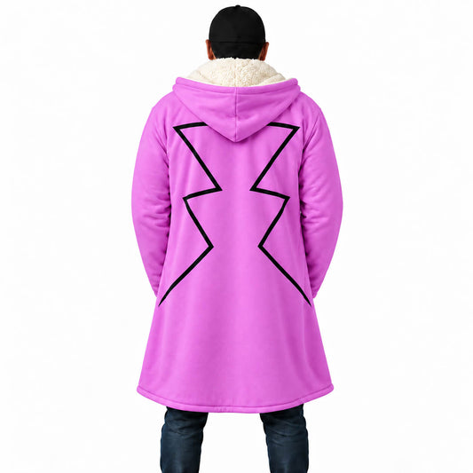 Gen Asagiri Dr. Stone pink hooded cloak coat back view with black zigzag design
