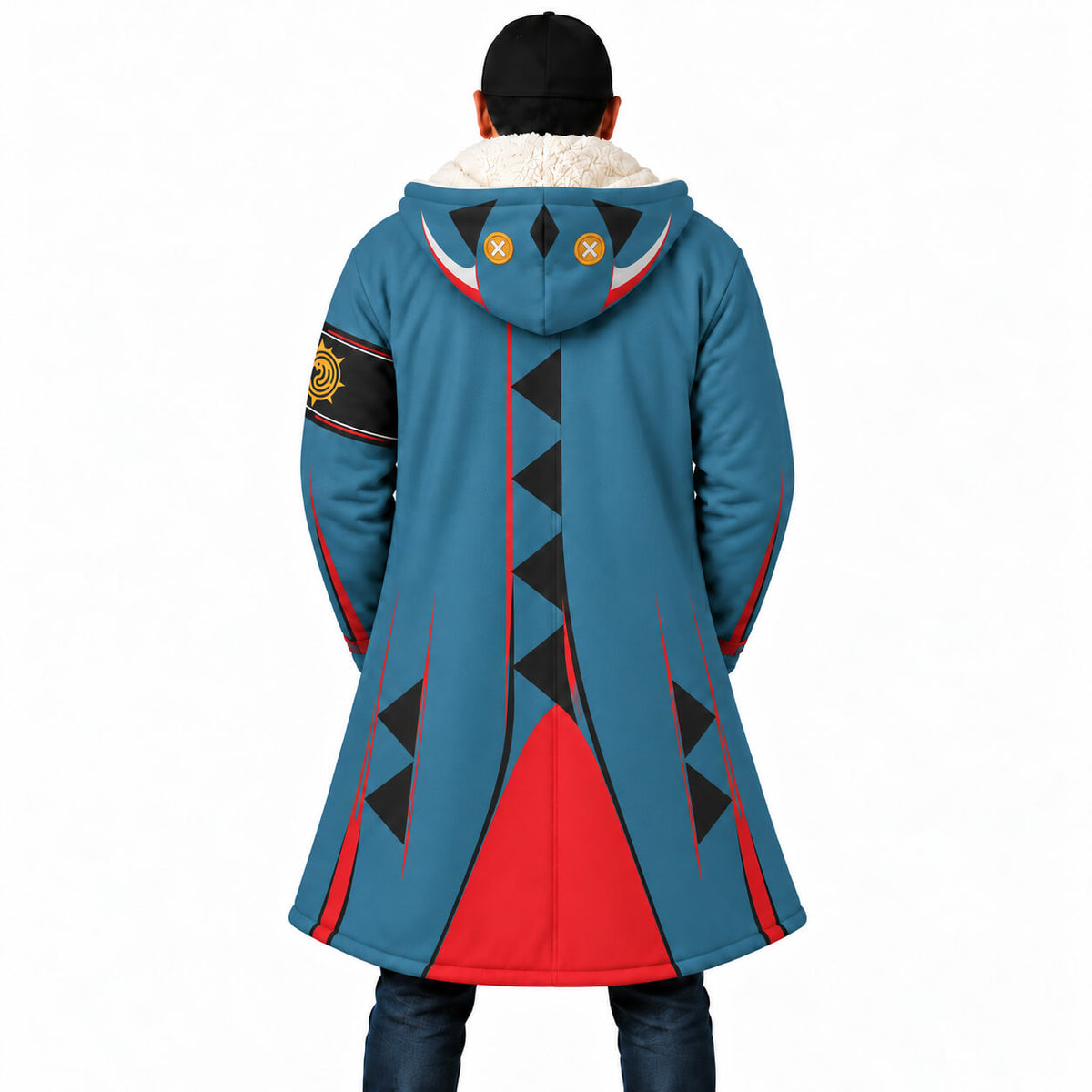 Guita Hebby Fantasia cloak coat back view with contrasting red lower panels