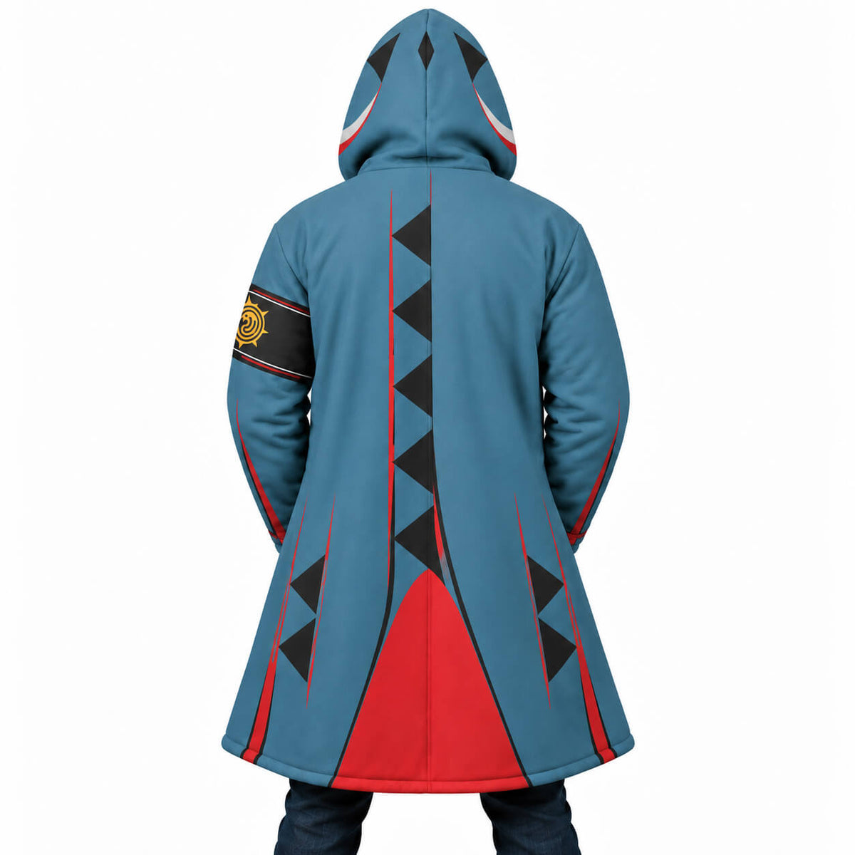 Gachiakuta Guita hooded cloak coat rear view showing blue-gray fabric and geometric accents