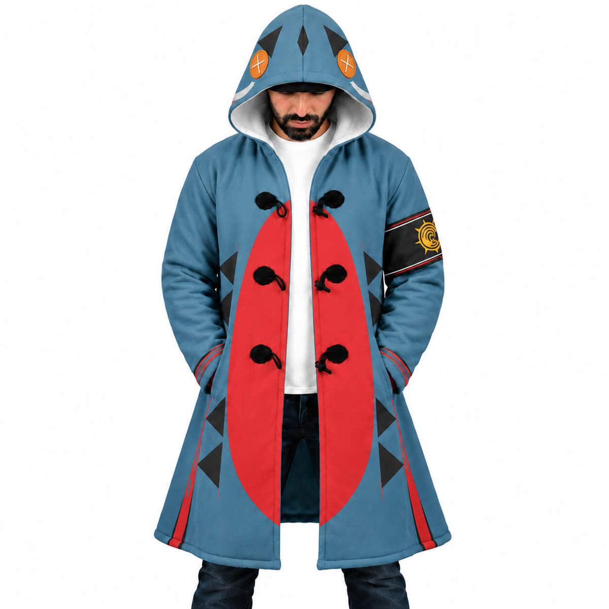Guita Hebby Fantasia Gachiakuta hooded cloak coat front with creature-inspired hood and red panels