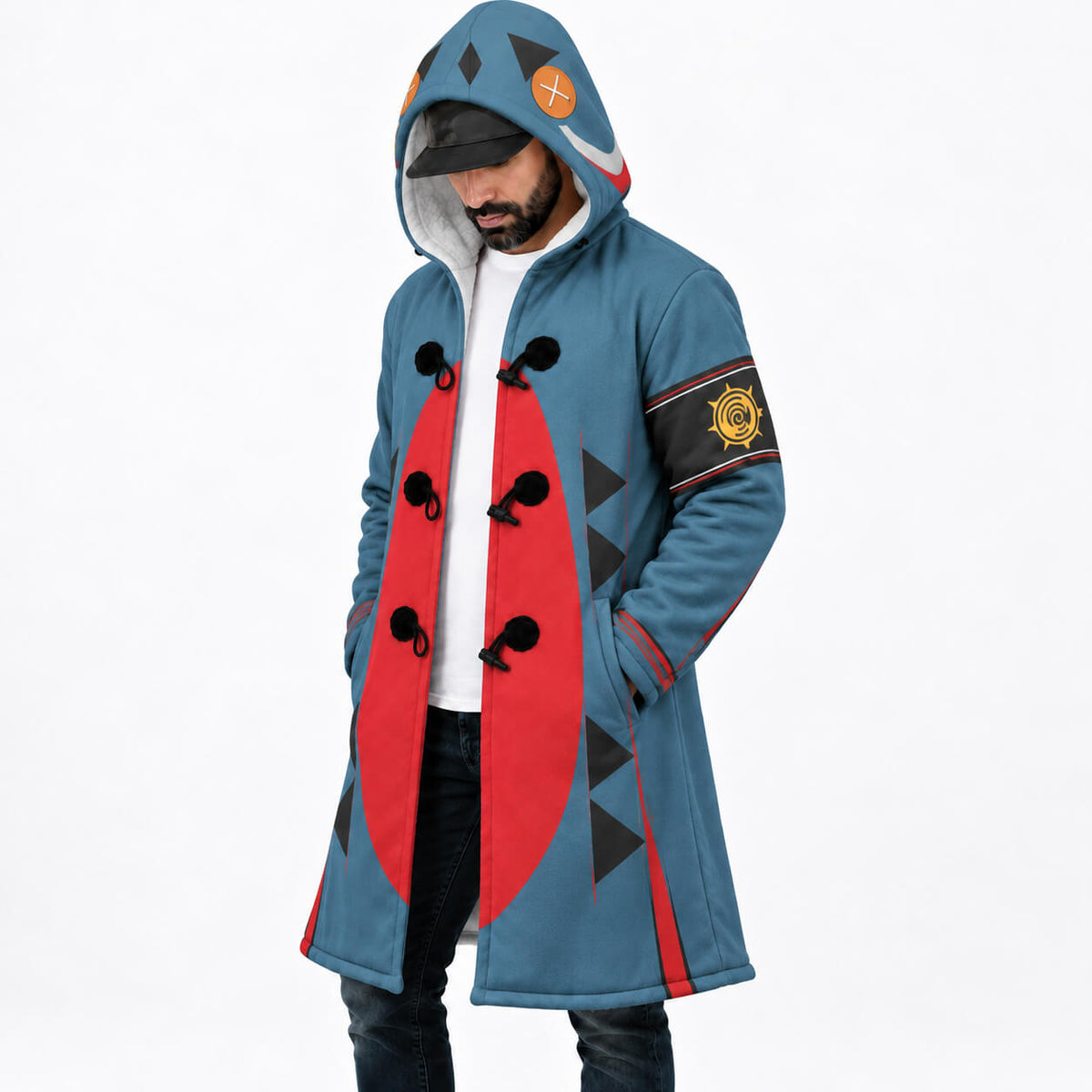 Gachiakuta Guita cloak coat angled front showing graphic sleeves and creature hood