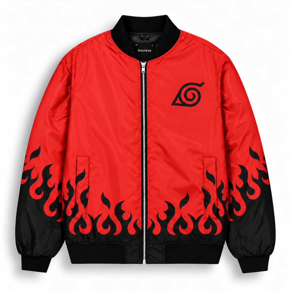 Red Hokage Naruto bomber jacket with black flame graphics and Hidden Leaf emblem on chest