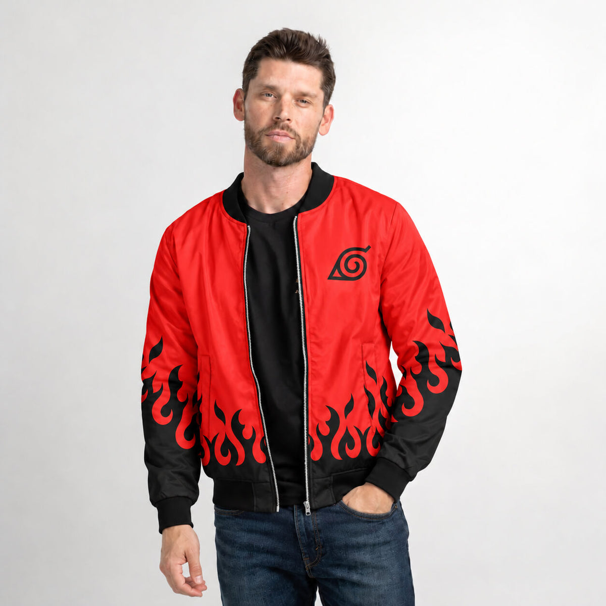 Model wearing red and black Hokage Naruto bomber jacket with flame-patterned sleeves and ribbed trim