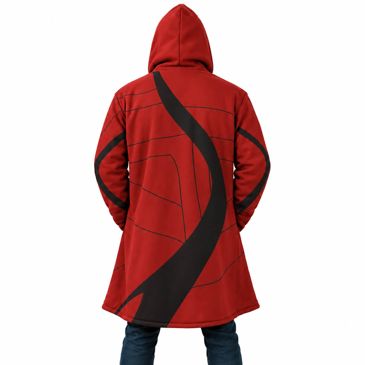 Back view of Igris crimson and black hooded cloak coat