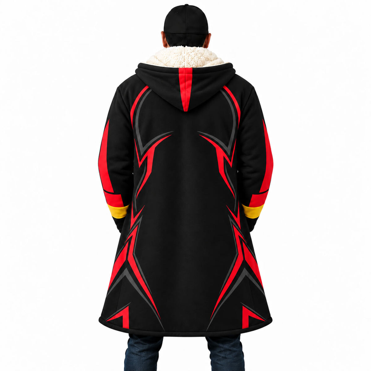 Back view of Infinite Phantom Ruby hooded cloak coat