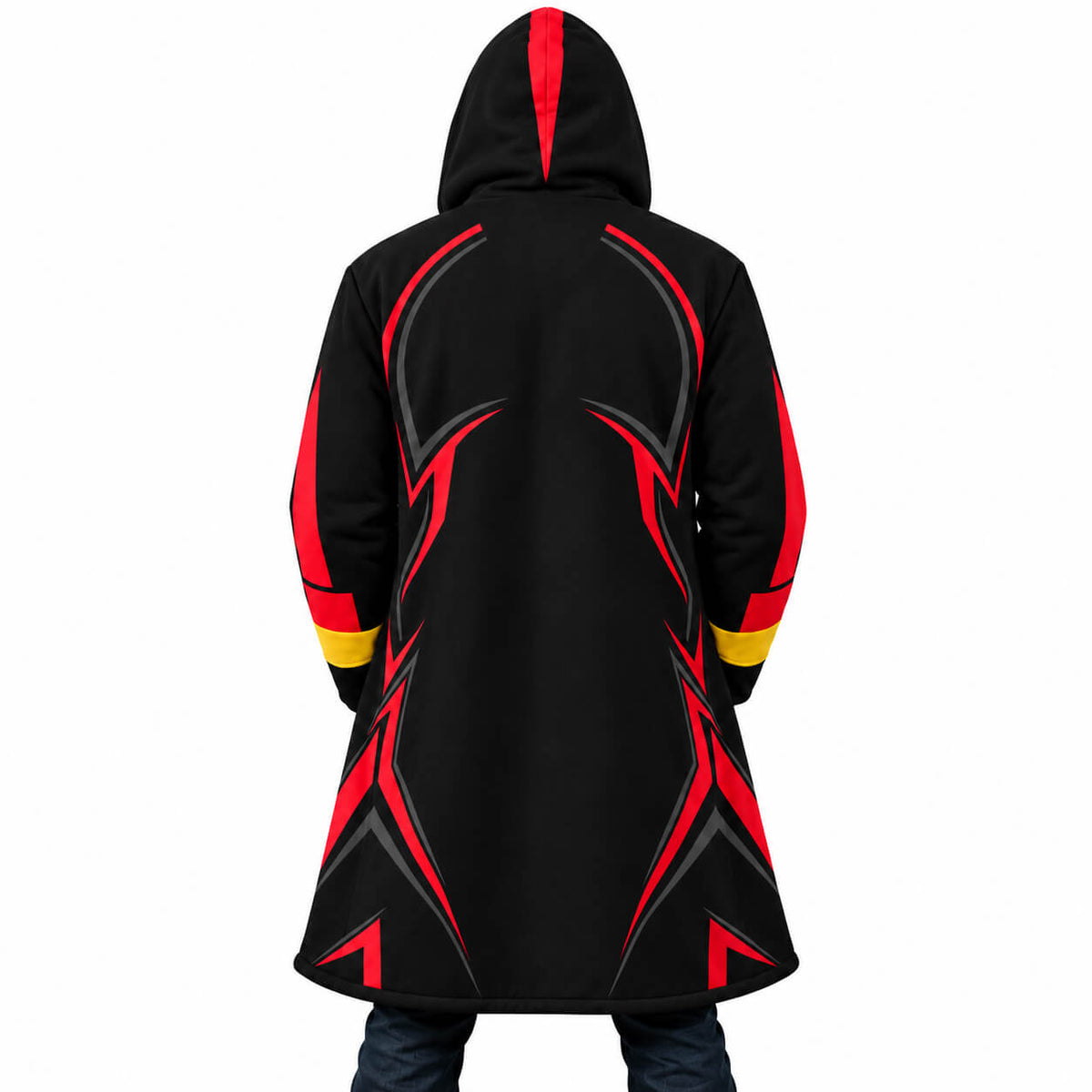 Rear view of Infinite Sonic cloak coat with angular red graphics