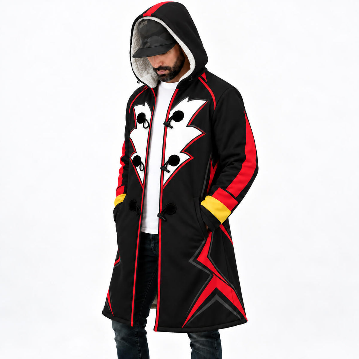 Side view of Infinite black and red Sonic hooded cloak coat