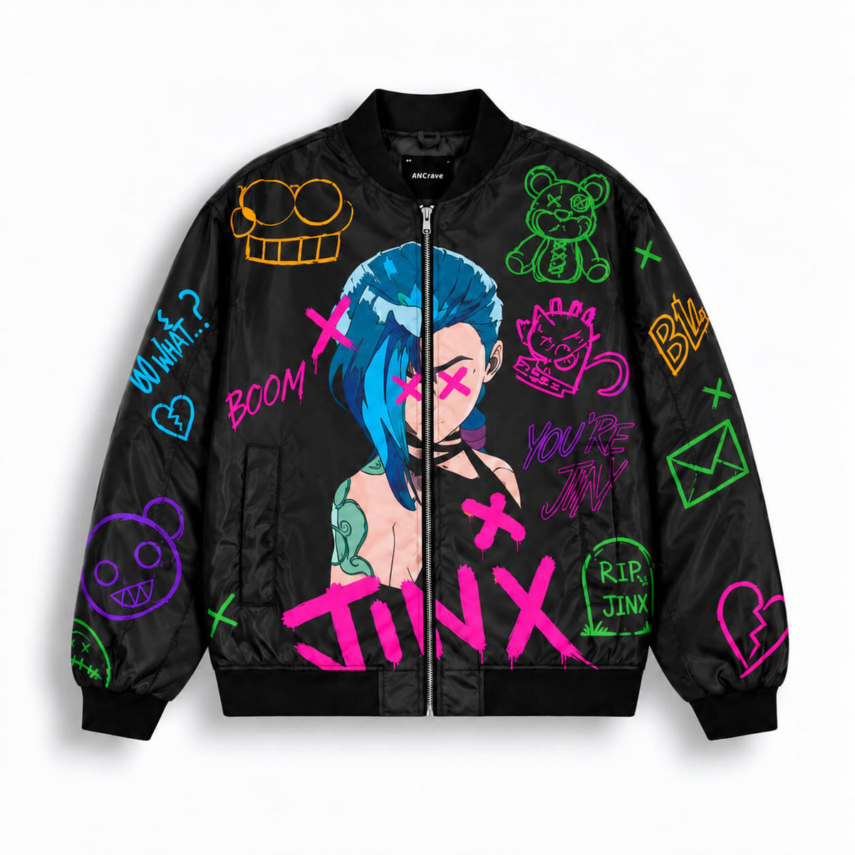 Jinx Arcane black bomber jacket front with neon graffiti, character artwork and pink lettering