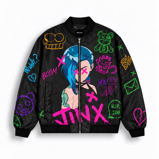 Jinx Arcane black bomber jacket front with neon graffiti, character artwork and pink lettering