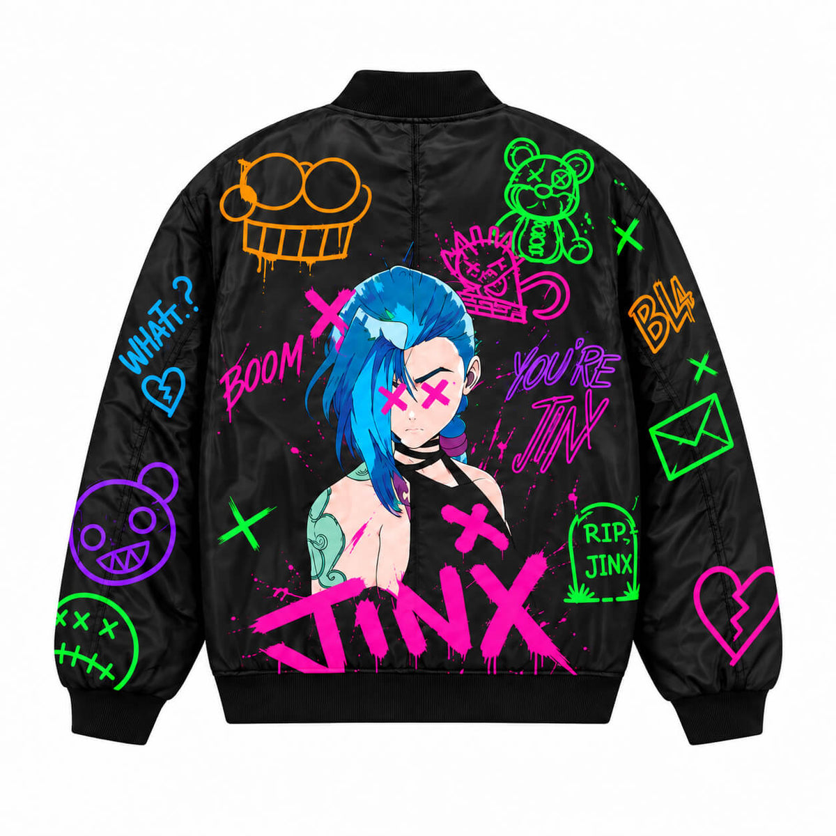 Back of Jinx graffiti bomber jacket featuring colorful Arcane character artwork and neon symbols