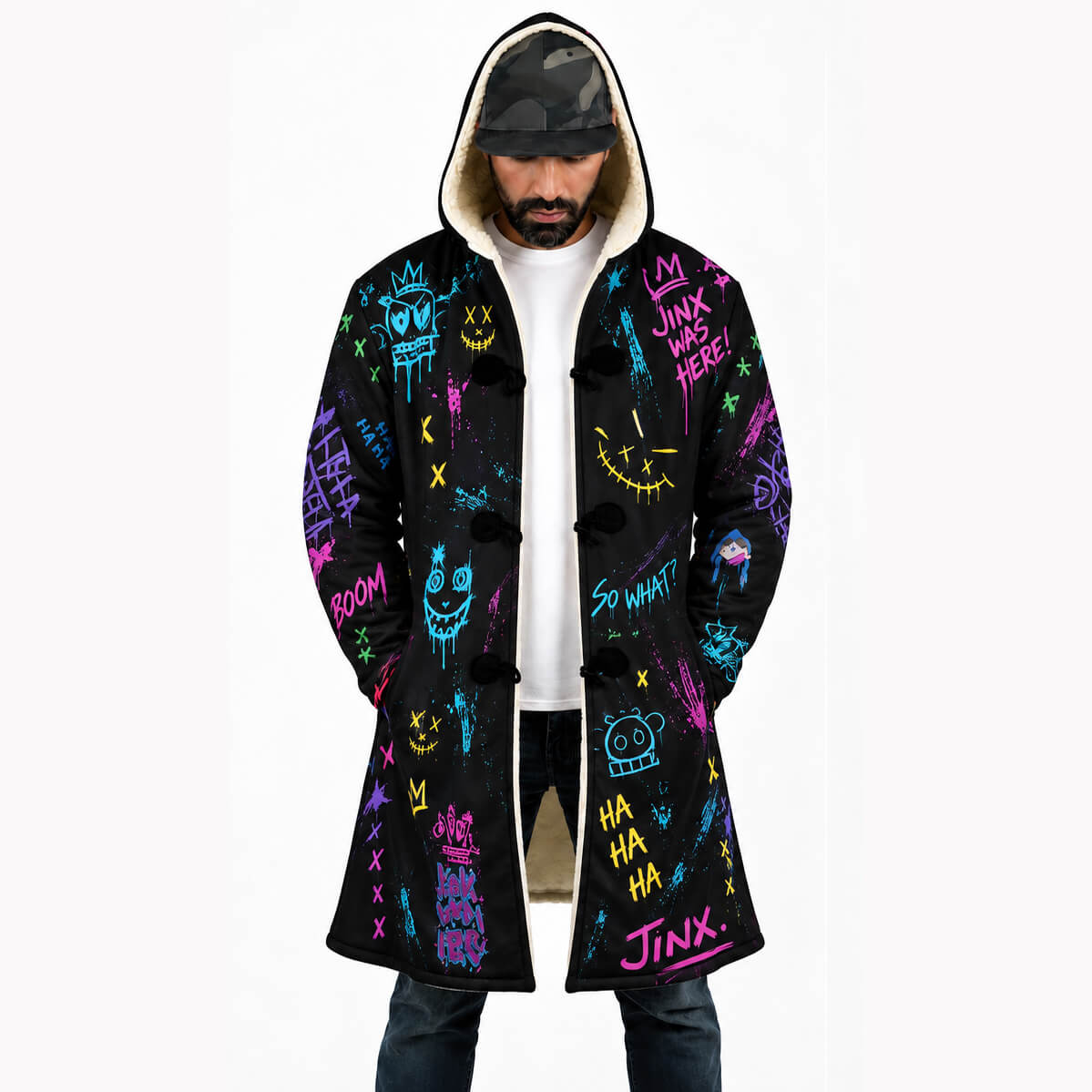 Front view of black Jinx cloak with multicolor graffiti pattern