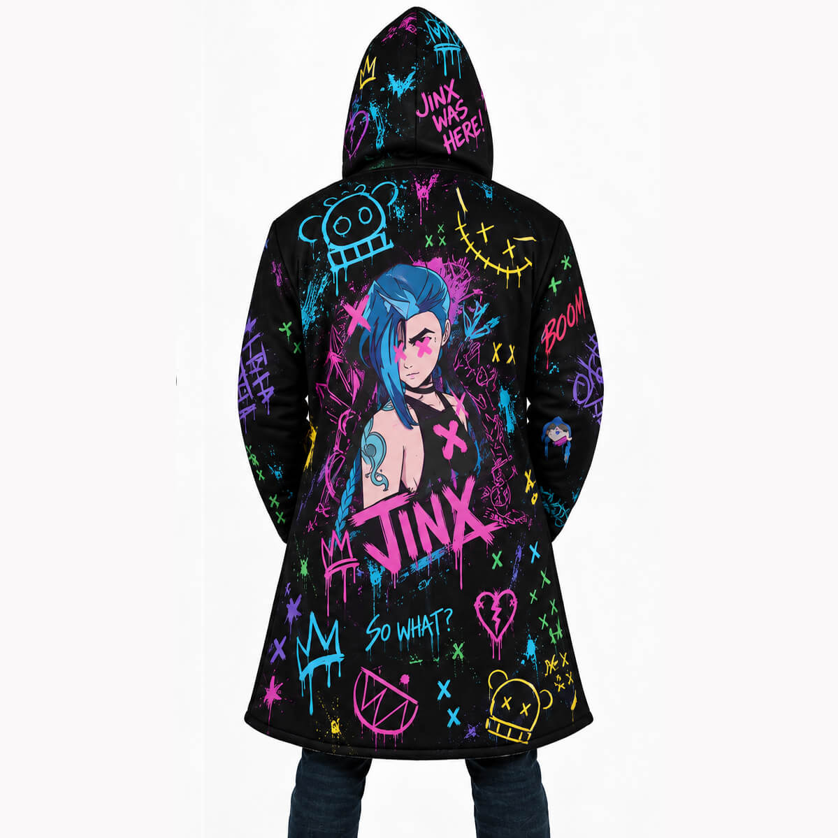 Arcane Jinx black hooded cloak coat with colorful neon graffiti artwork