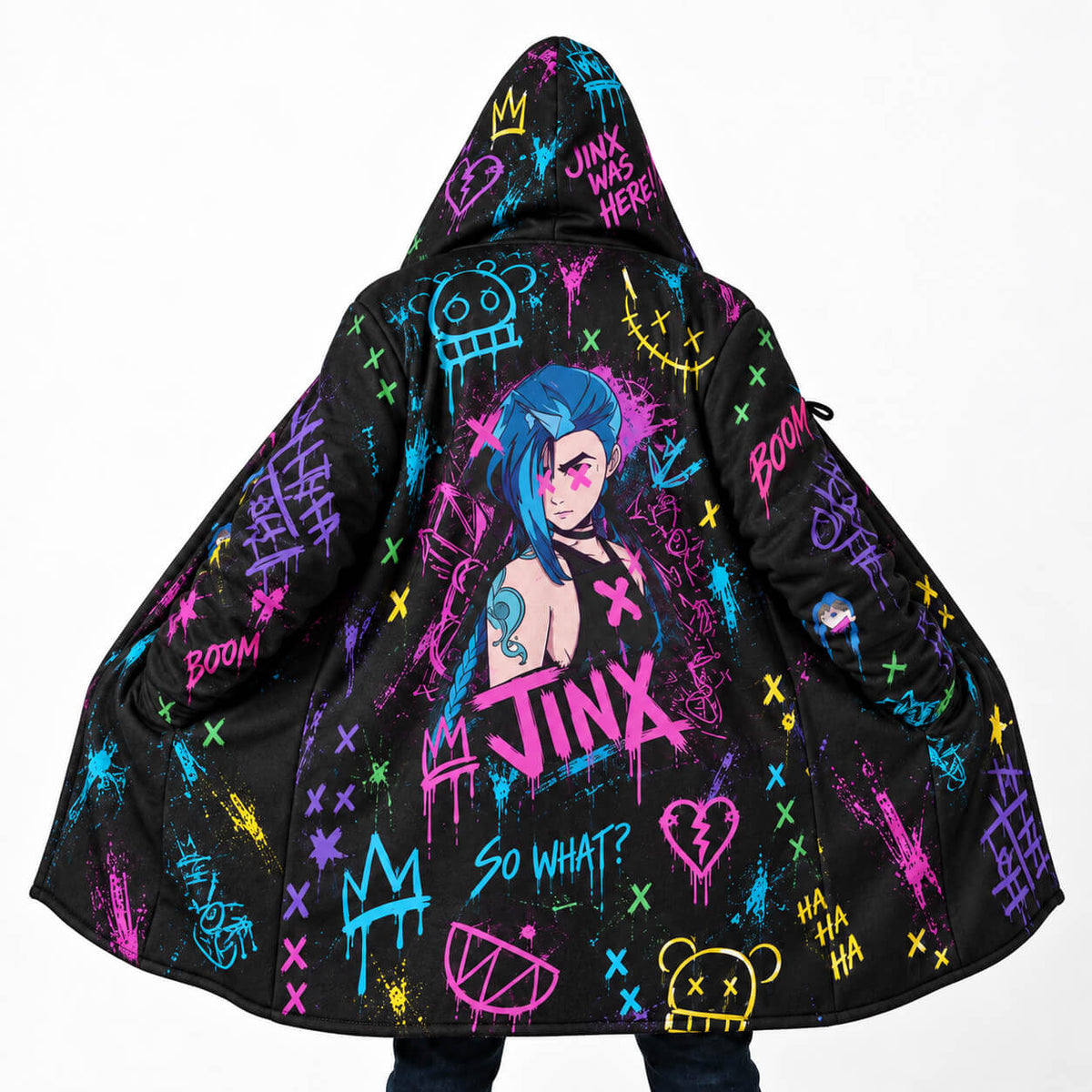 Arcane Jinx black hooded cloak coat with colorful neon graffiti artwork