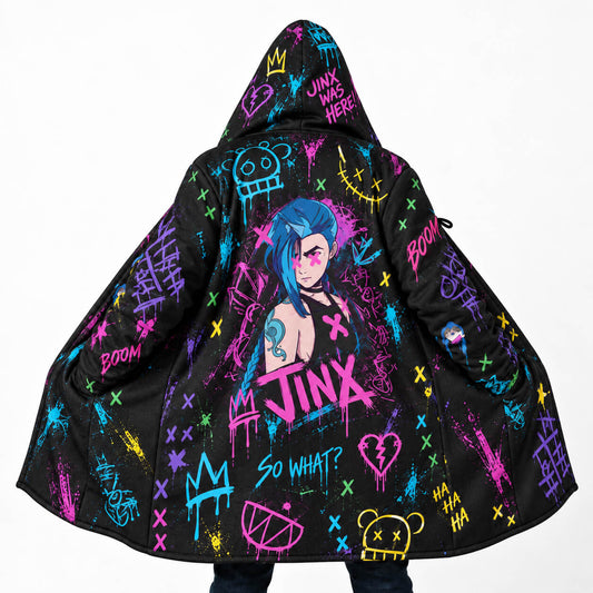 Arcane Jinx black hooded cloak coat with colorful neon graffiti artwork