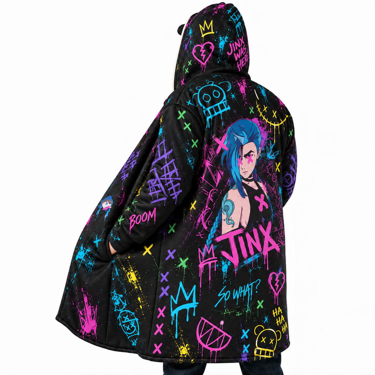 Arcane Jinx black hooded cloak coat with colorful neon graffiti artwork side view