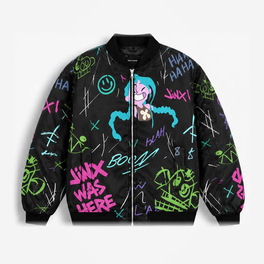Black Jinx graffiti bomber jacket featuring neon blue, green and pink street-art graphics