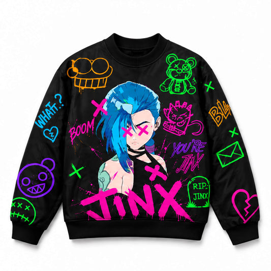 Black Jinx Graffiti sweatshirt with blue-haired Arcane character artwork and colorful neon doodles