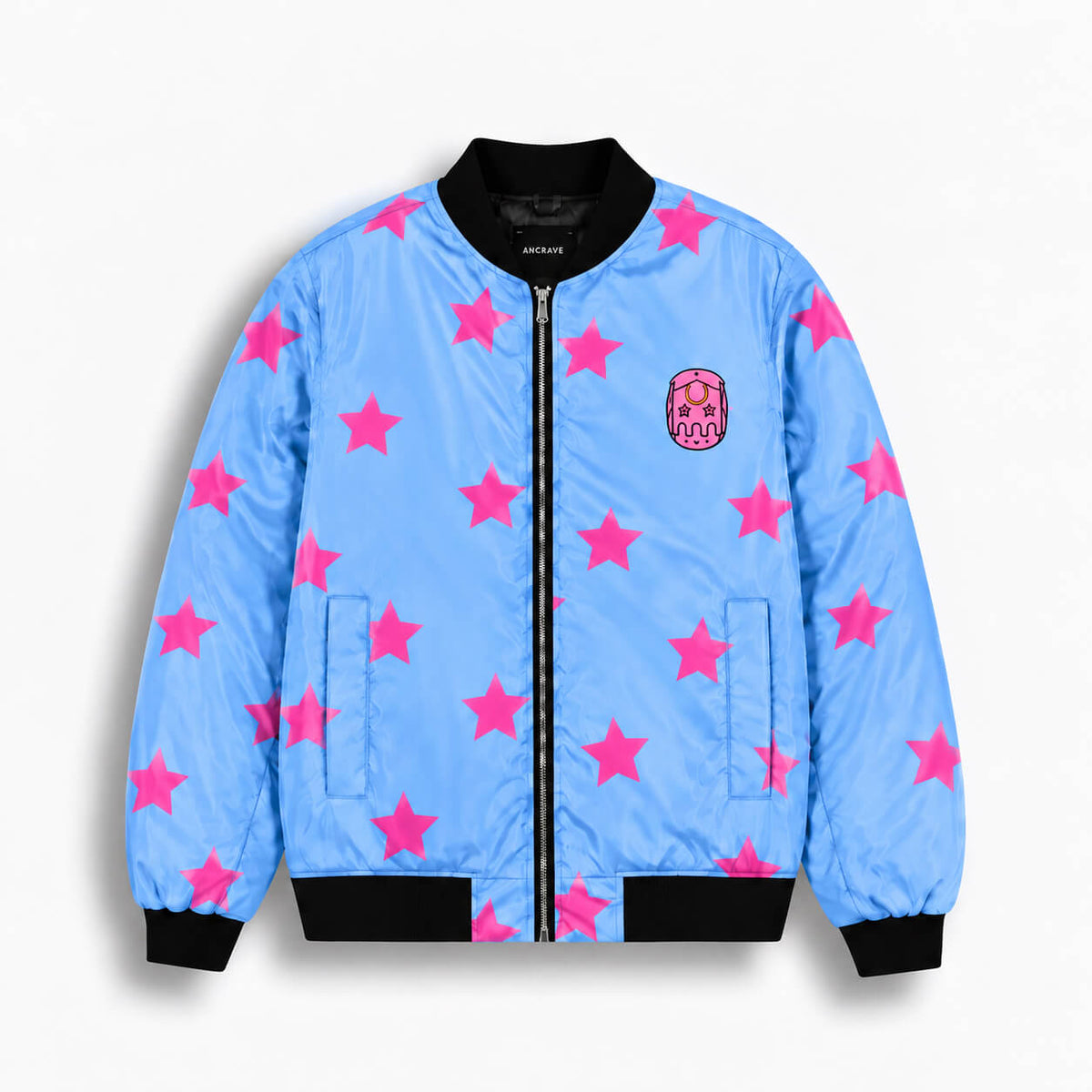 Johnny Joestar bomber jacket in sky blue with pink stars, horseshoe chest emblem and black trim