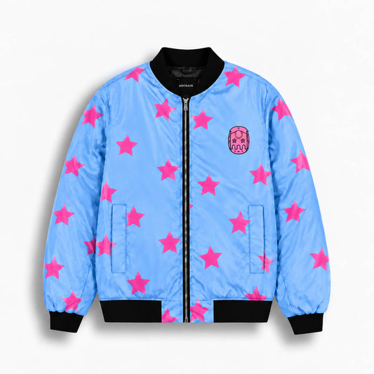 Johnny Joestar bomber jacket in sky blue with pink stars, horseshoe chest emblem and black trim