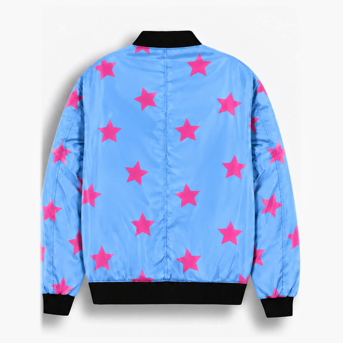 Back of Johnny Joestar bomber jacket showing pink stars scattered across the light blue design