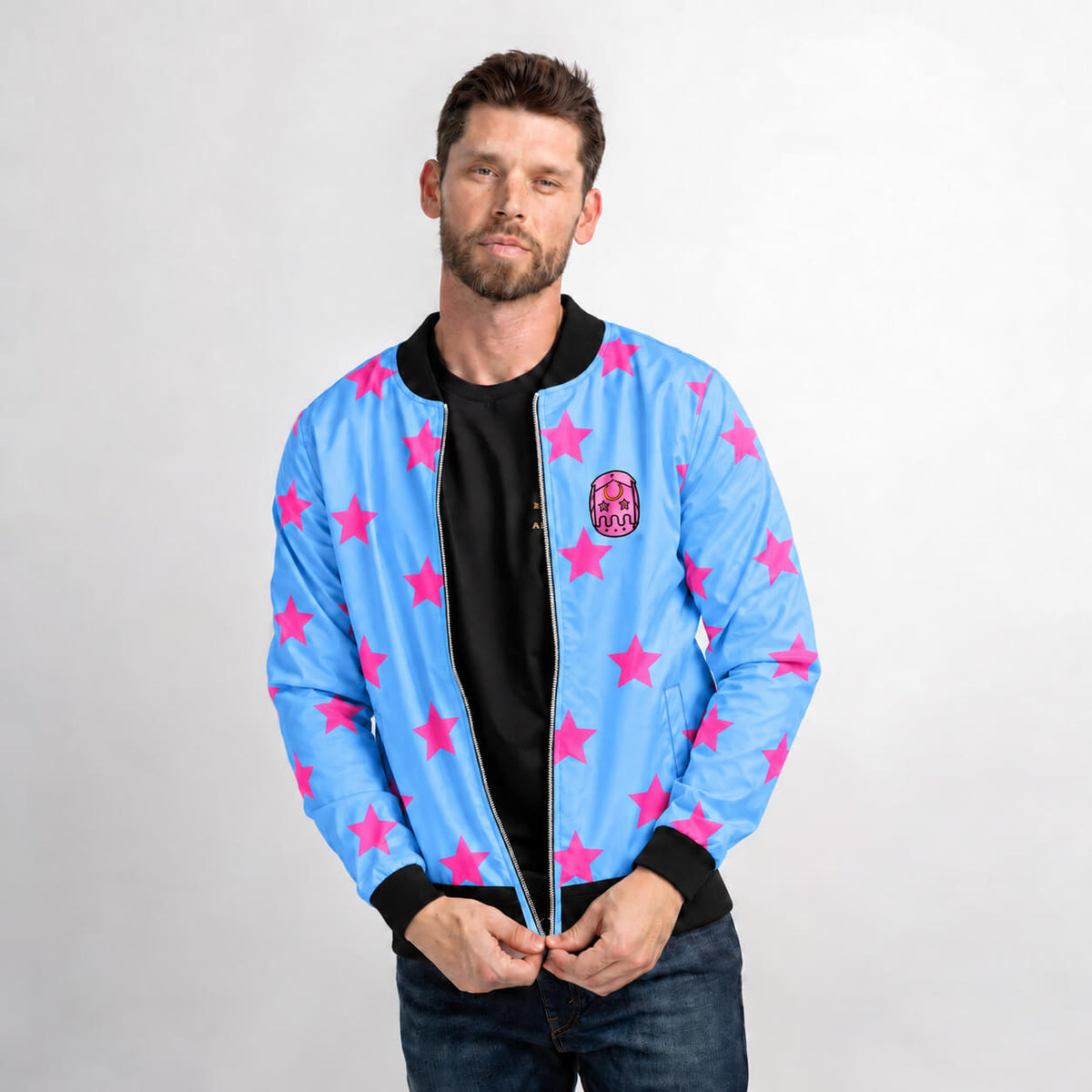 Model wearing Johnny Joestar Steel Ball Run bomber jacket with sky-blue fabric and pink star pattern