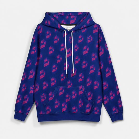 Blue JoJo's Bizarre Adventure hoodie with repeating pink Stand Arrow graphics