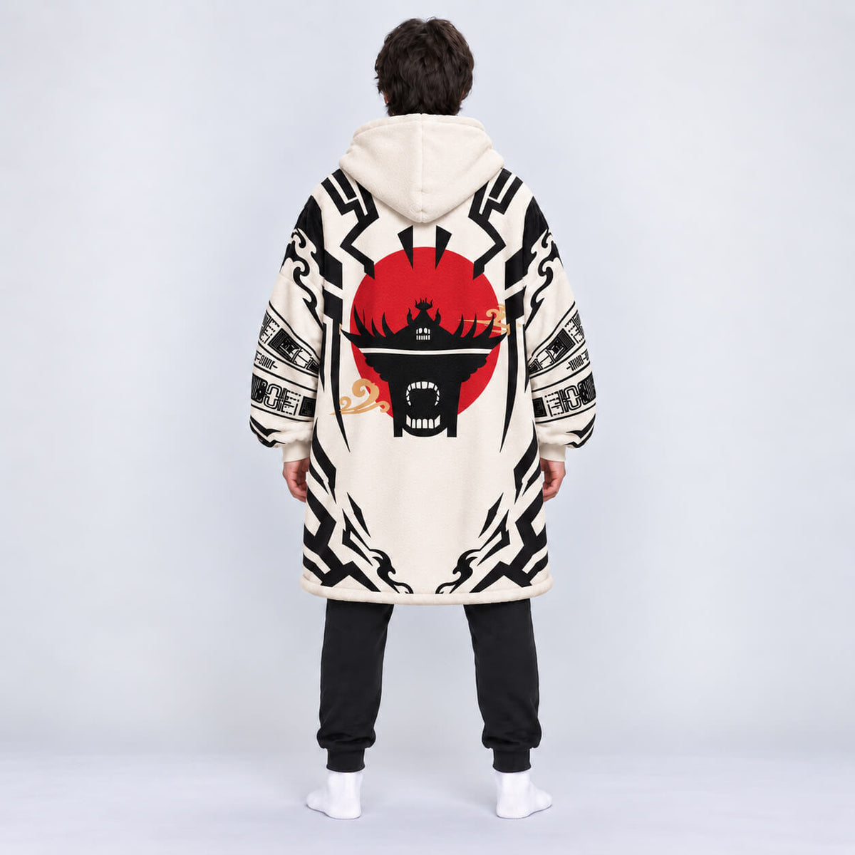 Jujutsu Kaisen blanket hoodie with black cursed symbol graphics